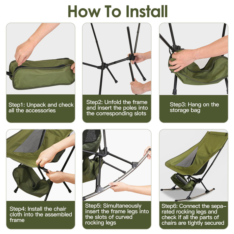 198 lbs Capacity Portable Camping Rocking Chair  Oxford Fabric  5-Minute Setup, Silver/Black, Green