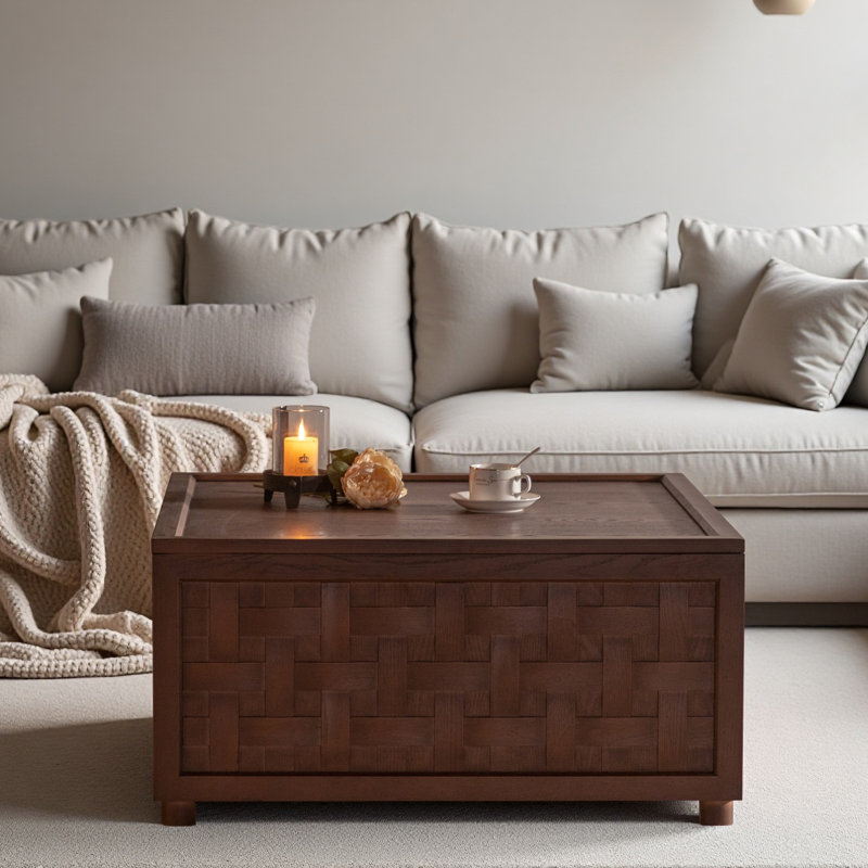 Table basse brune de style campagnard avec rangement, grande table basse carrée pour le salon