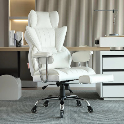 Chaise de bureau inclinable avec repose-pieds, chaise de bureau large en similicuir robuste, grandes et hautes chaises de bureau de direction avec support lombaire, roues silencieuses à base en métal robuste, blanc