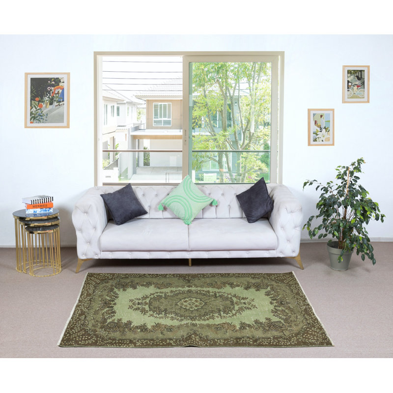 Tapis de couleur médaillon de couleur verte fait à la main 3,8 x 7 pi