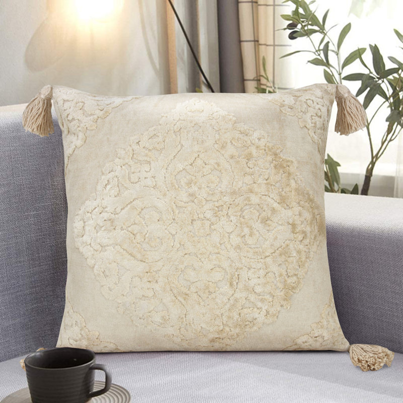 Coussin décoratif à pampilles Traditional Medallion, Gris clair, Polyester/ bourre en polyester