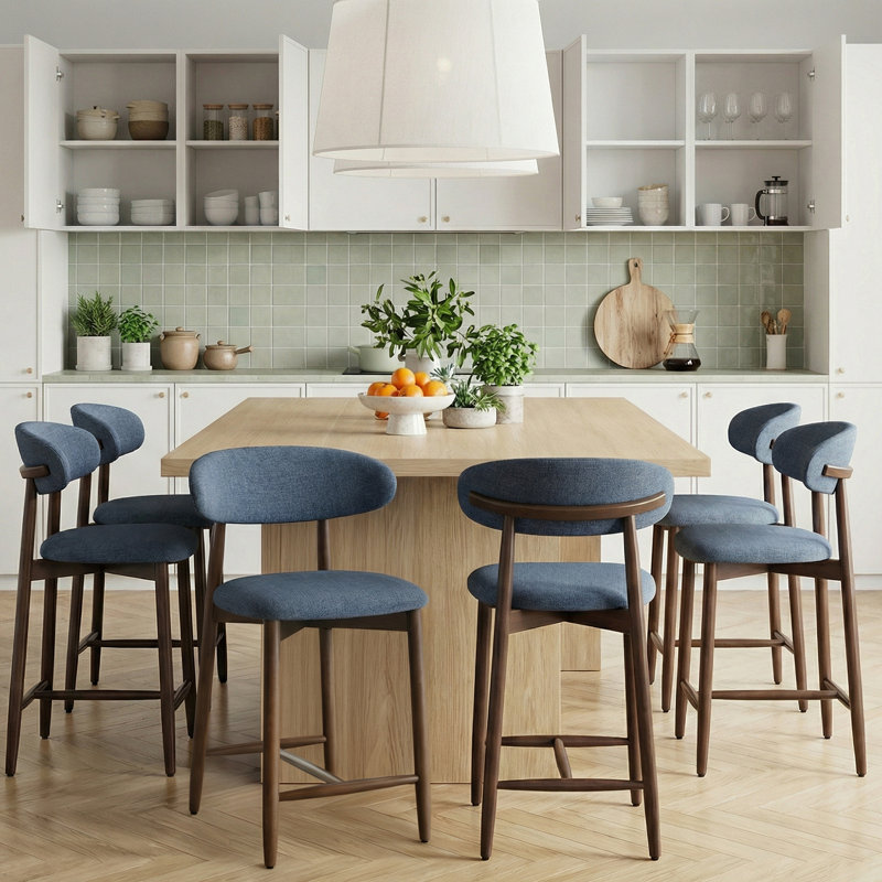 Tabouret de comptoir rembourrÃ© Solon avec structure en bois massif, Bleu