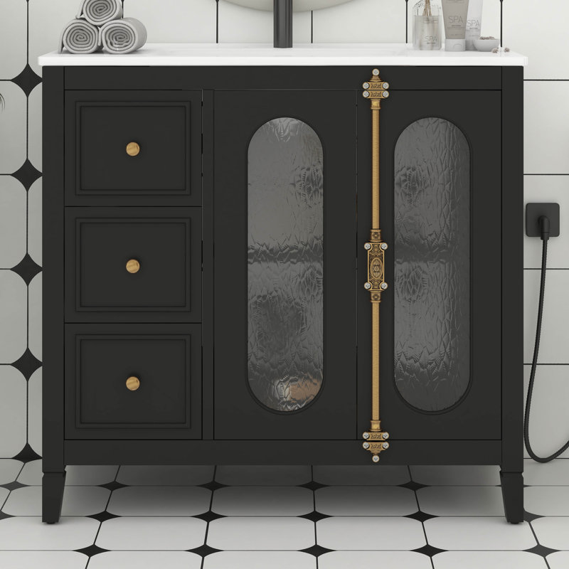 Meuble-lavabo de 36 po avec lavabo en céramique, armoire de rangement avec 2 portes en verre à fermeture en douceur et trois tiroirs