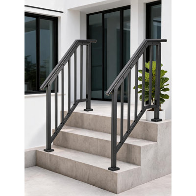 2 Pack 3-Step Adjustable Wrought Iron Stair Handrail Kit with Balusters, Black