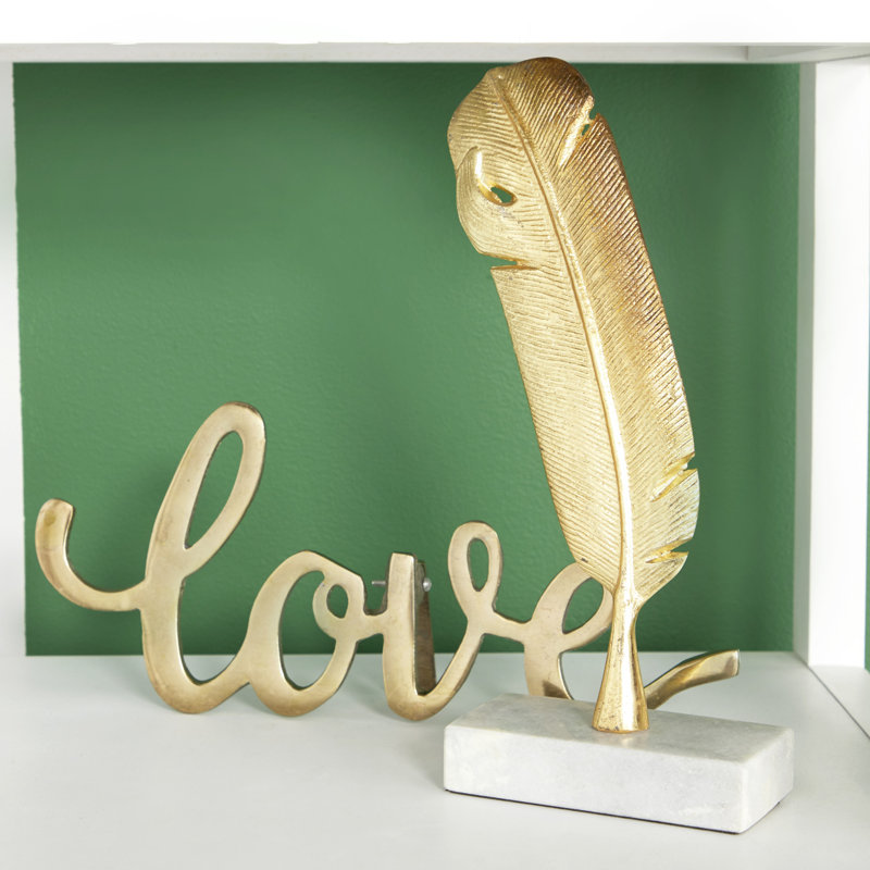 Gold Metallic Bird Feather Sculpture with Marble Base, 12" Height