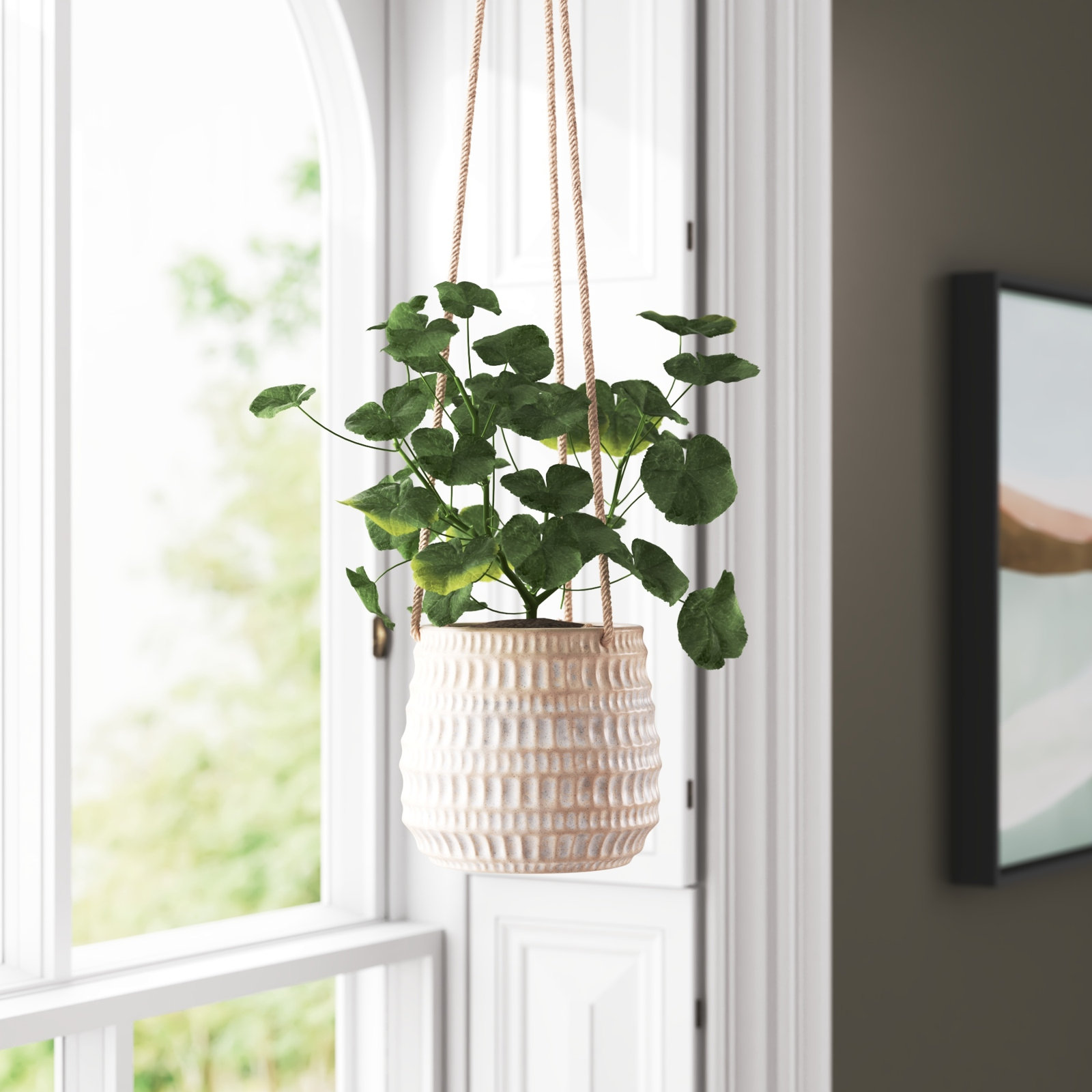 Rosaria Ceramic Hanging Planter, Beige, 6" H x 7" W x 7" D