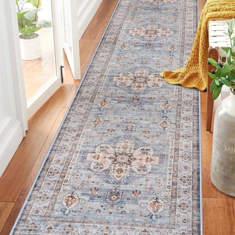 Washable Hallway Rug: Non Slip Rugs with Rubber Backing Soft Kitchen Rug Farmhouse Distressed Carpet for Living Room Bedroom Bathroom (Blue)