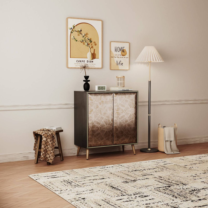 2 Door Sideboard Buffet Cabinet with Raised Shaped and Geometric Line Texture Door Panel, Black