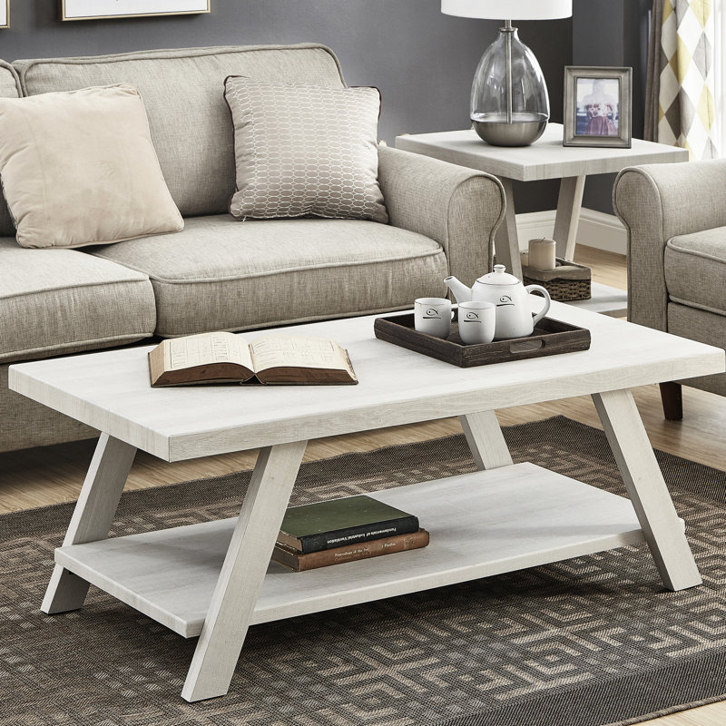 Table basse moderne blanche - Plateau en placage de bois dur et rangement supplémentaire en bois