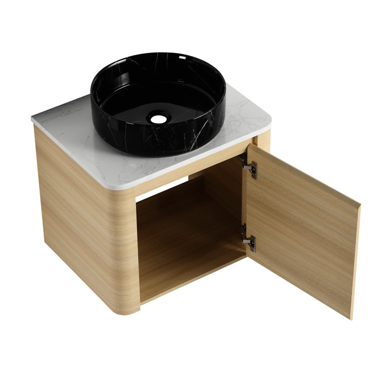 Meuble-lavabo mural de 24 po avec lavabo d'art en céramique, porte simple à fermeture en douceur, fabrication en contreplaqué, pierre plate blanche, 45 poignées cachées, rangement et fonctionnalité de raffinement esthétique