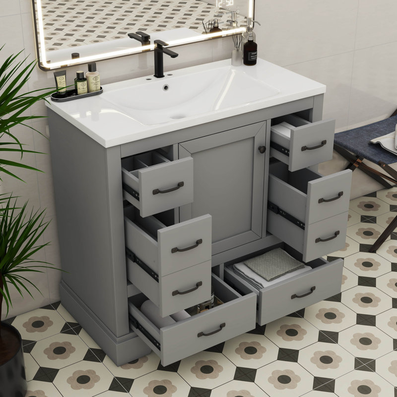 Meuble-lavabo moderne 36 po sans lavabo avec séparateur de tiroir multifonctionnel et tablette réglable, Gris / noir
