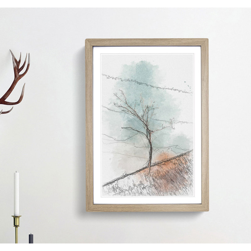 Lonely Tree in Abstract - Picture Frame Graphic Art Print, 76cm H x 50cm W x 2cm D, Oak