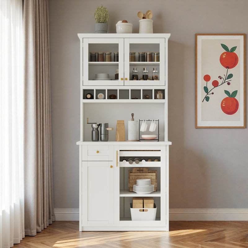 Armoire de cuisine autoportante avec tiroir, support à vin, tablettes réglables et portes en verre trempé, Blanc