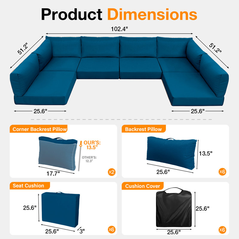 Ensemble de 14 coussins de remplacement de 14 pièces pour l'extérieur pour mobilier de patio (ensemble de 6 coussins, 6 dossiers, 2 coussins Coner SEULEMENT LES COUSSINS NON INCLUS)