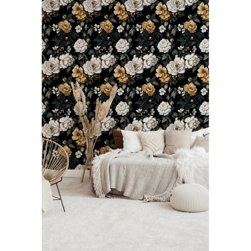 Papier peint floral noir et or | Murale Dramatic White Blooms | Rouleau pelez et collez