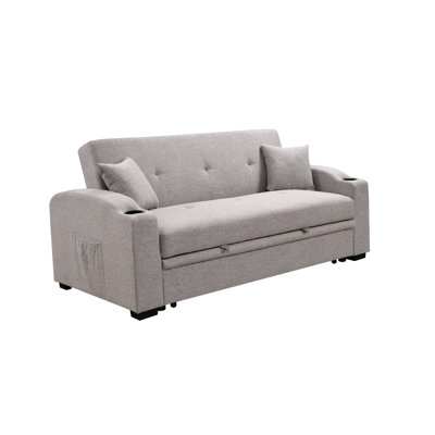 Canapé convertible 3-en-1 moderne "75" avec lit escamotable, dossier inclinable, porte-gobelets, coussins - gris clair