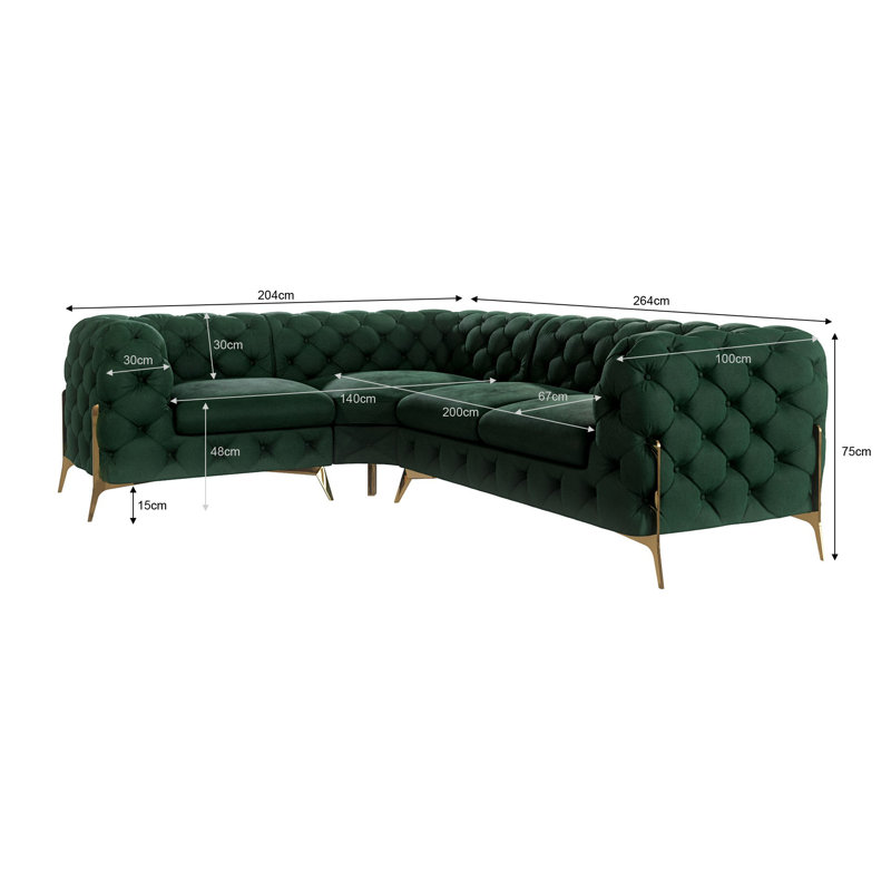 Chesterfield Corner Sofa L-Shape  with Gold Metal Legs, Bottle Green, Right Hand Facing