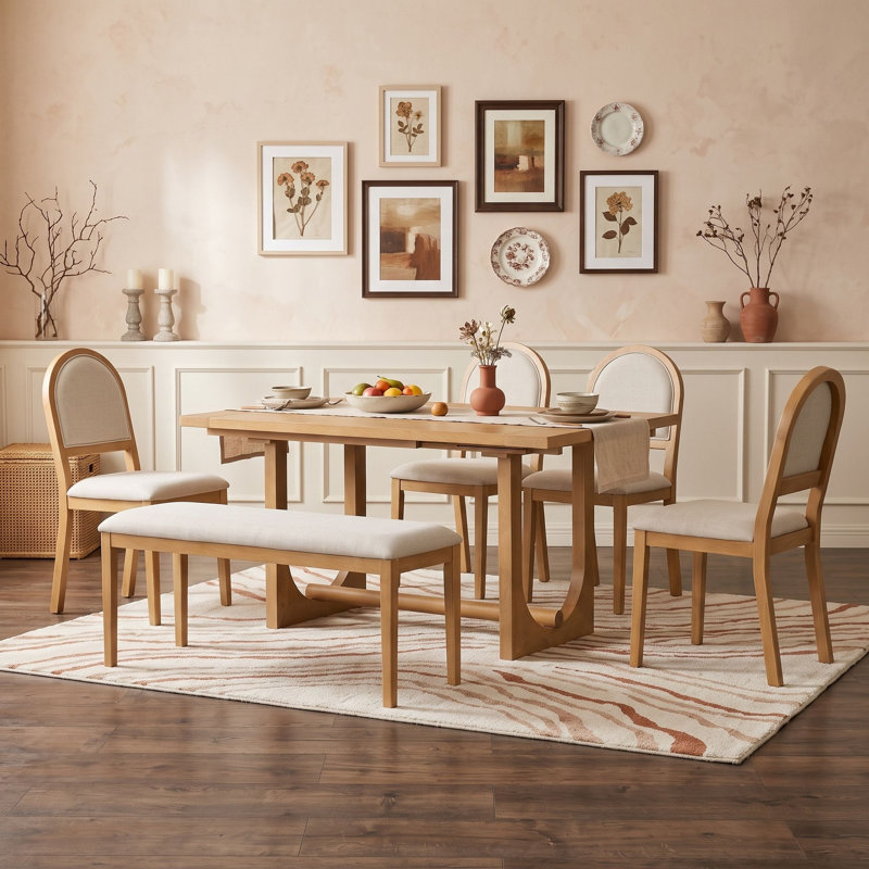 Ensemble de salle à manger extensible 6 pièces avec quatre chaises rembourrées et un banc, Natural