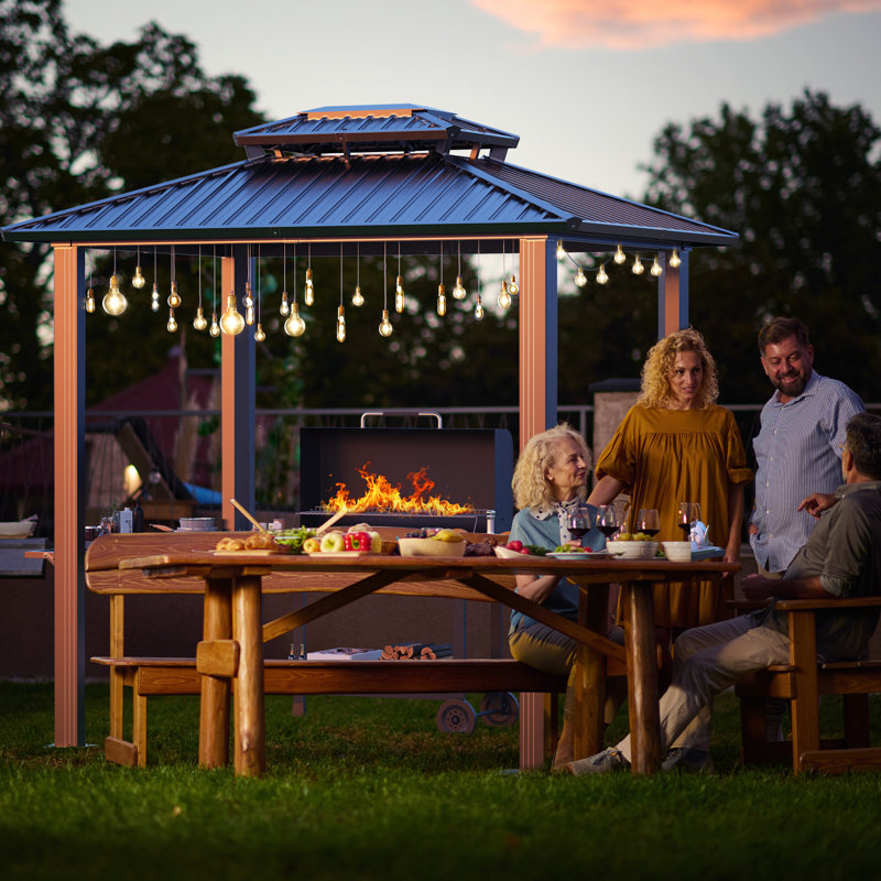6’x 8’ Hardtop Aluminum Grill Gazebo with Double Roof, Outdoor BBQ Gazebo Canopy , Satin Brass, Brown