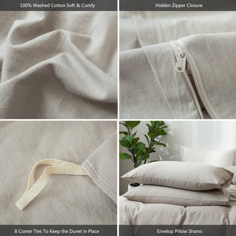 Super King Cream Gray Linen-Like Cotton Duvet Cover Set