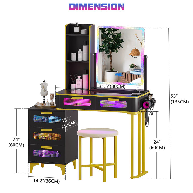 Dressing Table with Human Sensor RGB Lights, Tempered Glass Top, and Quick-Charging Station, Black/Gold