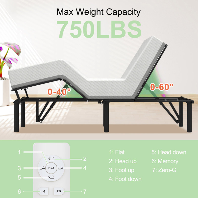 Adjustable Bed Base Frame Head And Foot Incline Quiet Motor Queen Size Zero Gravity, Dual USB A+C Ports, Remote Control With ZG And Memory Keys