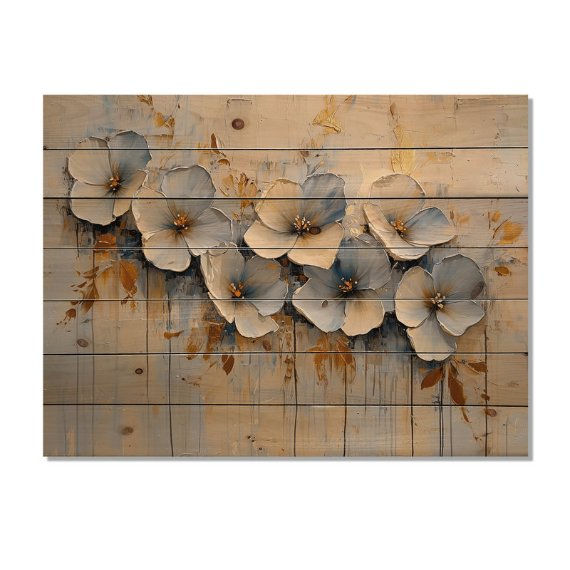 Fleurs violettes «Dreaming In Fields I» - Décoration murale en bois violette - sur bois de pin naturel