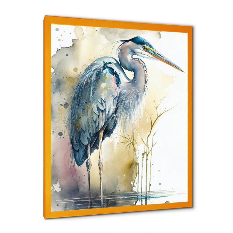 Héron au bord de l'eau, aquarelle III - héron, art mural, H 32 po x l 16 po x P 1 po, Impression dorée sur toile encadrée