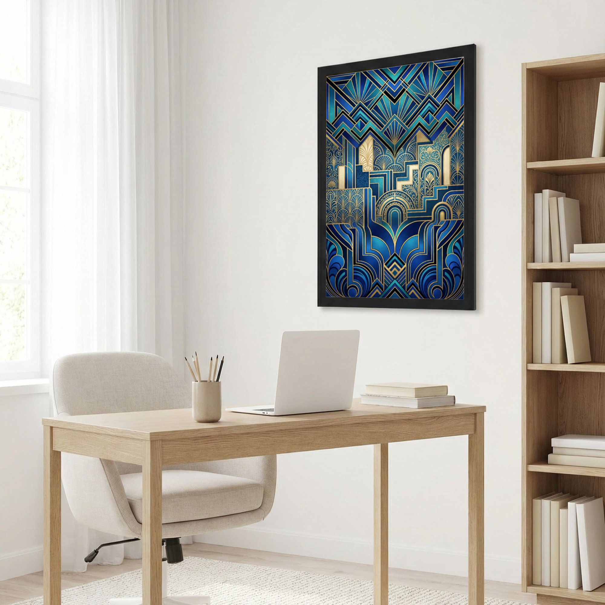 Mercer41 Art Deco Blue And Gold Geometric Pattern Canvas Wrapped Wall ...