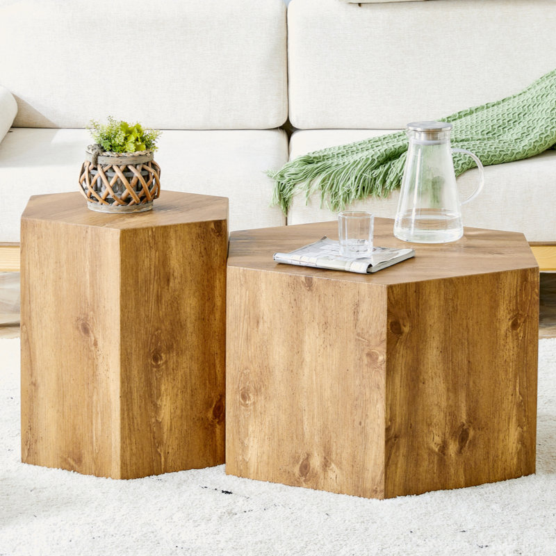 Modern Minimalist Set Of Two Hexagonal Wood-Grain MDF Coffee Tables.Modern MDF Coffee Table, With Complex Texture Patterns, Style And Texture Coffee Table To Redefine Your Interior Decoration.
