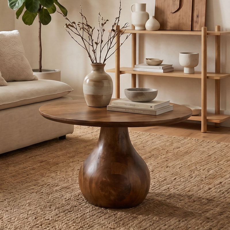 Round Solid Mango Wood Coffee Table with Teardrop Base