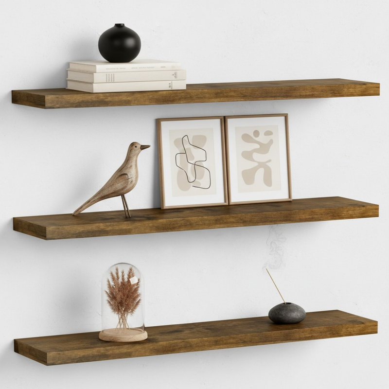 Ensemble de 3 tablettes flottantes murales 36 po pour chambre à coucher et salon, Brun rustique
