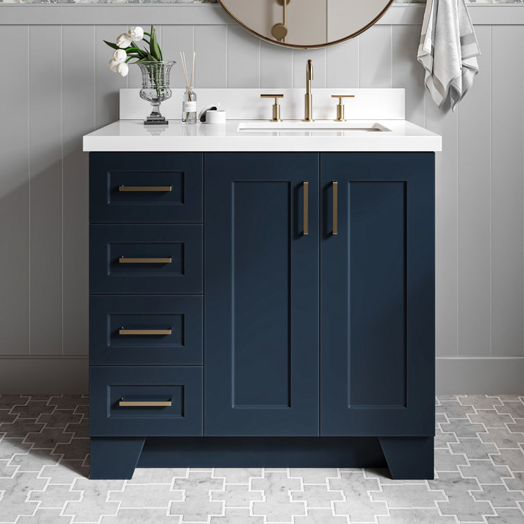 Freitas 36'' Solid Wood Single Bathroom Vanity with 1.5'' White Quartz Top, Right Offset Rectangular Sink