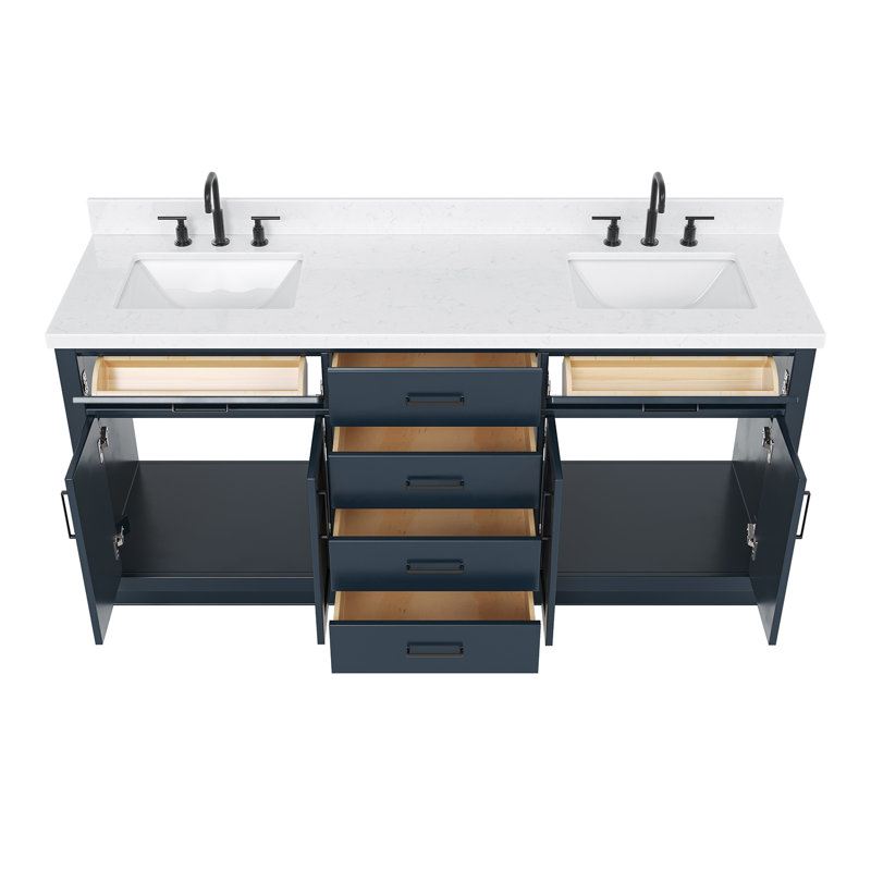 Meuble-lavabo double en bois massif 72 po avec plateau en quartz Carrara de 1,5 po Thornaby, Forme rectangulaire, Bleu minuit