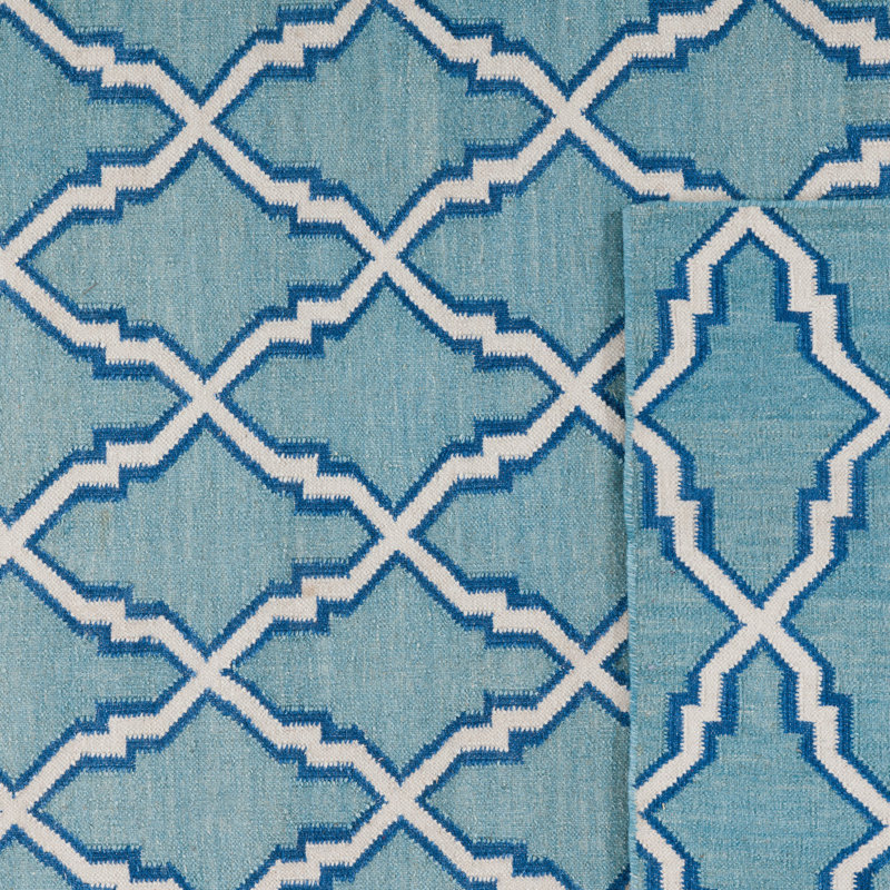 Rodgers Hand Woven Flat Weave Wool/Cotton Geometric Rug in Ivory/Light Blue, Rectangle 2'6" x 4'
