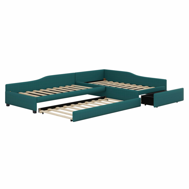 Upholstered Double Daybed With Trundle And Drawer, Green