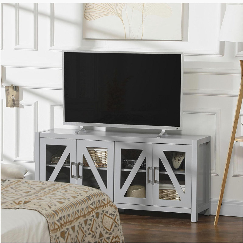 Meuble télé pour téléviseur de 58 po avec tablette de divertissement réglable, 4 portes en verre et 4 trous de câbles, gris, convenant aux salons