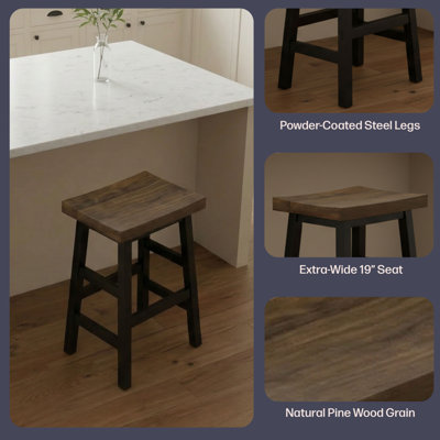 Pomona 26" Counter Height Bar Stool with Solid Wood Seat and Black Metal Legs, Rustic Brown