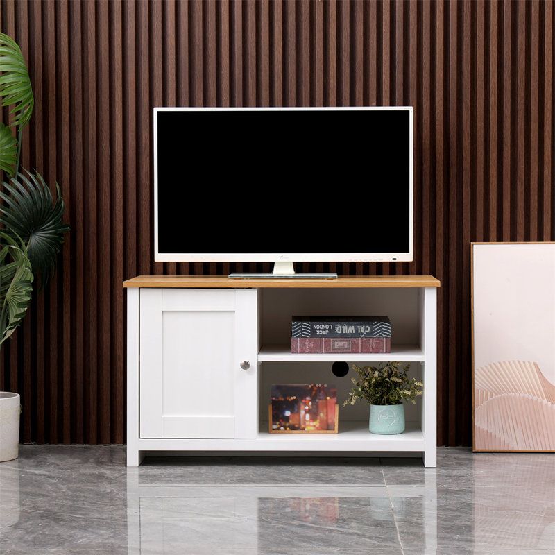 Modern 1 Door Tv Stand Unit With Storage Shelves Corner Tv Cabinet,For Tvs Up To 50 Inches,Living Room Furniture, White/Oak