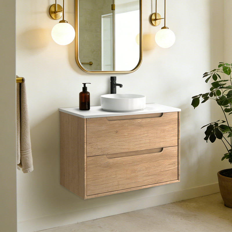 Meuble-lavabo mural en chêne naturel avec vasque ronde en céramique, 36"