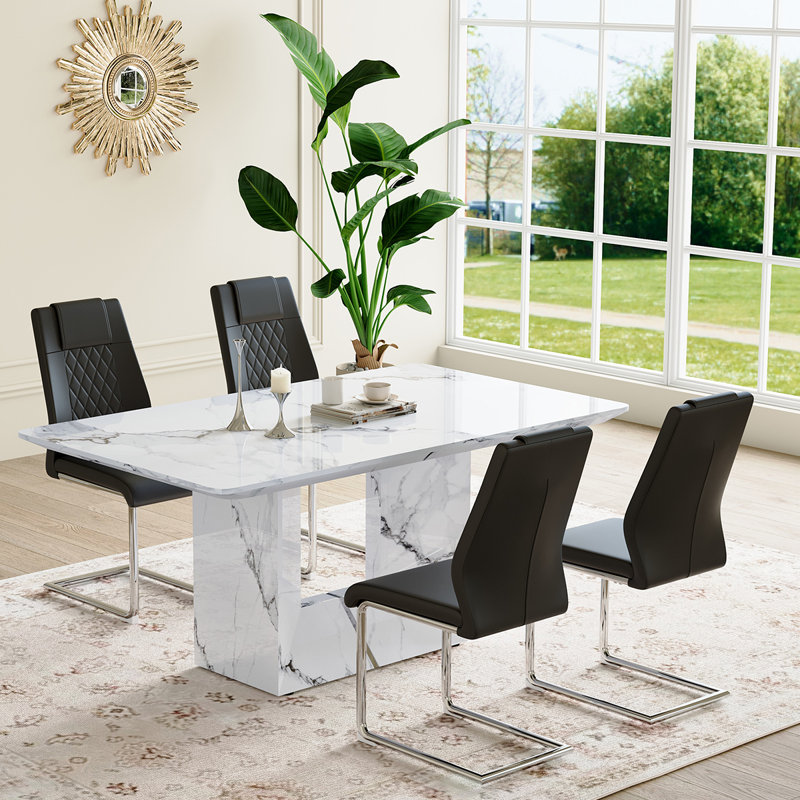 Ensemble de table de salle à manger 5 pièces, Blanc, Noir / argent