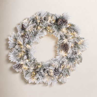 Flocked Pre-lit Mixed Tips Wreath with Glitter