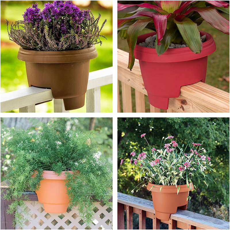 Classic Deck Rail Traditional Plastic Indoor/Outdoor Round Planter, Light Brown, 9" H x 12" W x 12" D