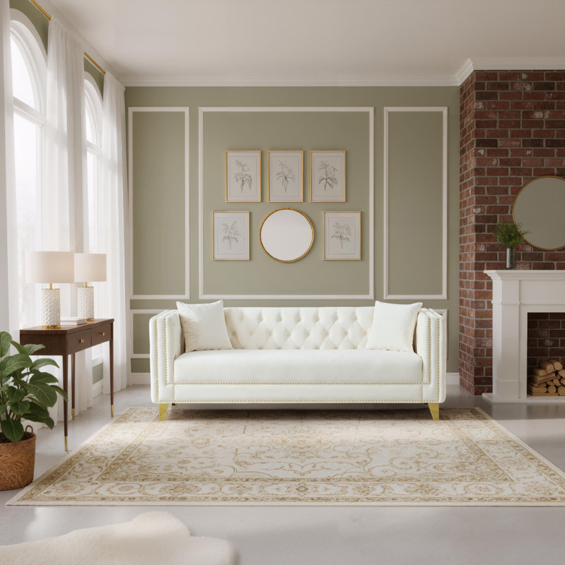 80.5" Tufted Velvet Sofa with Nailhead, Beige, 29" H x 80.7" W x 29" D