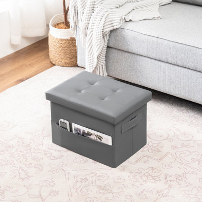 Folding Faux Leather Storage Ottoman With Side Pockets & Handles