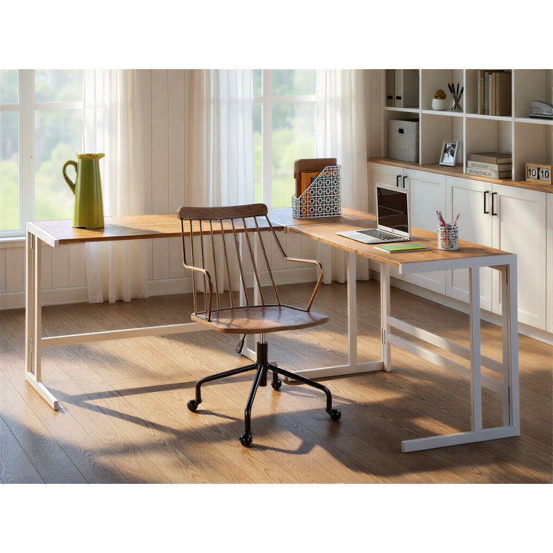 Montreal L-Shaped Metal Base Writing Desk, White/Natural