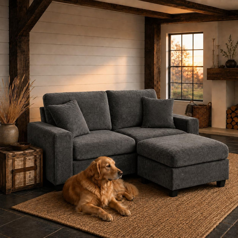 Canapé d'angle en L avec pouf, petit canapé pour salon, Grey