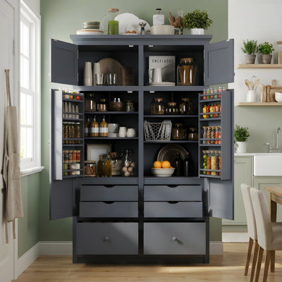 46.5x20.9x74.8inch Freestanding Kitchen Pantry, Tall Storage Cabinet with 8 Door Shelves, 4 Pull-out Trays, 6 Drawers for Dining Room