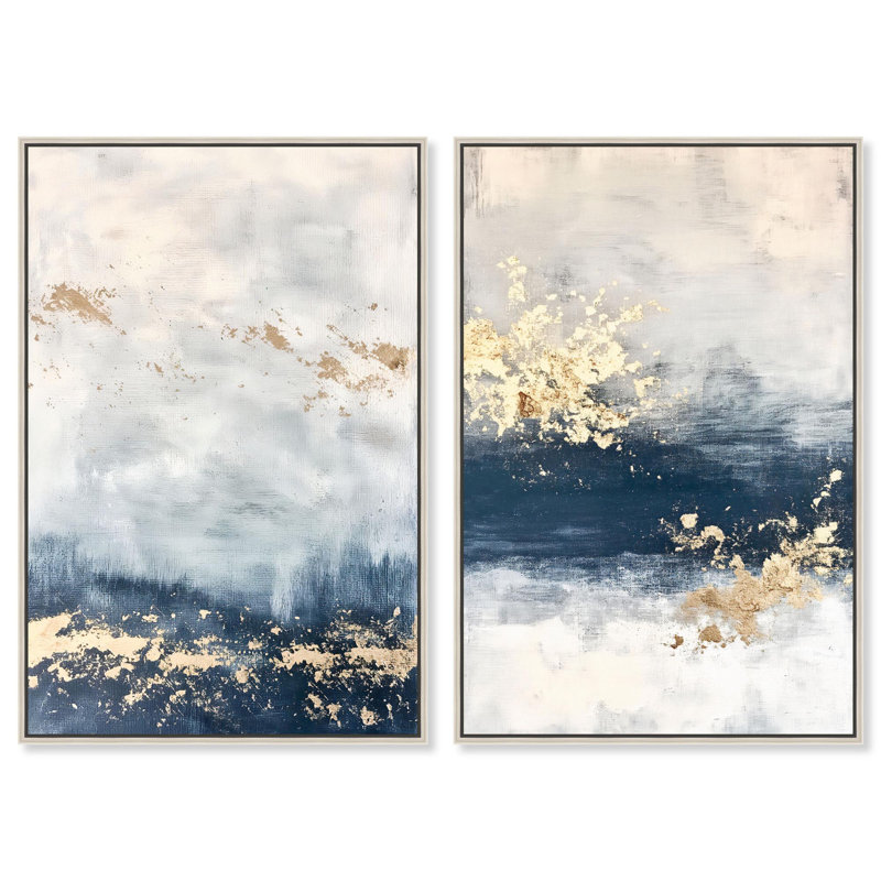 «Gilded Coastal Calm Blue Art», ensemble de 2 impressions sur toile par , H 55 po x l 37 po, Argent argent