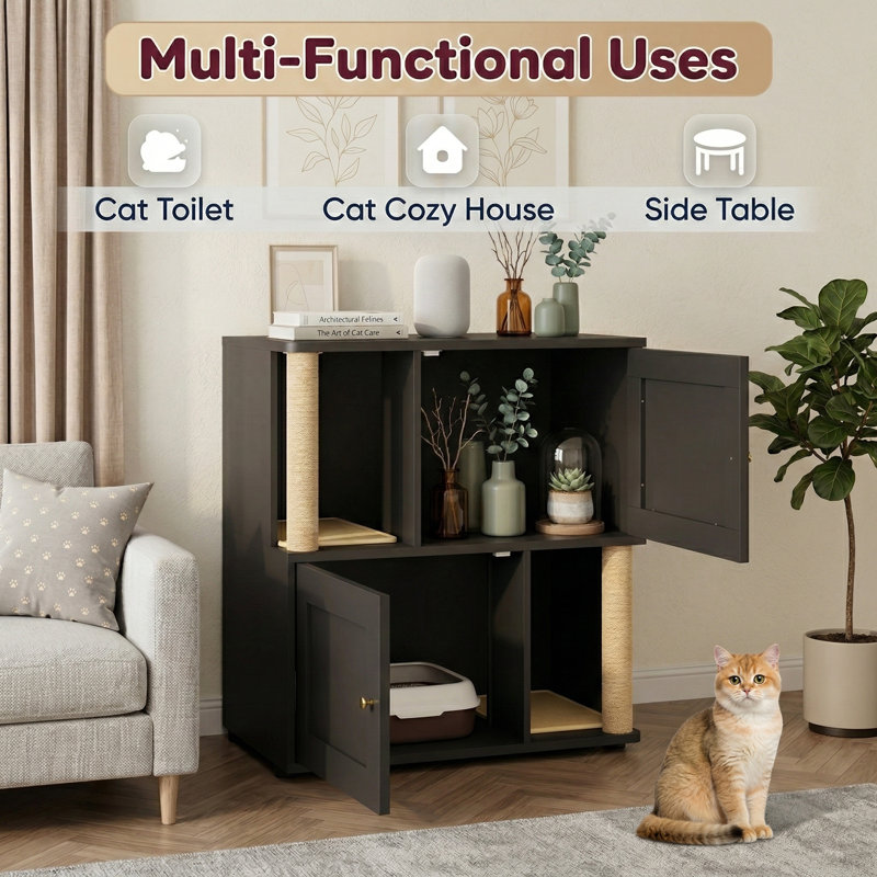 Armoire à litière cachée en métal pour 2 chats, avec grattoir, grand meuble de salle de bain pour animaux de compagnie, table d'appoint intérieure, noir